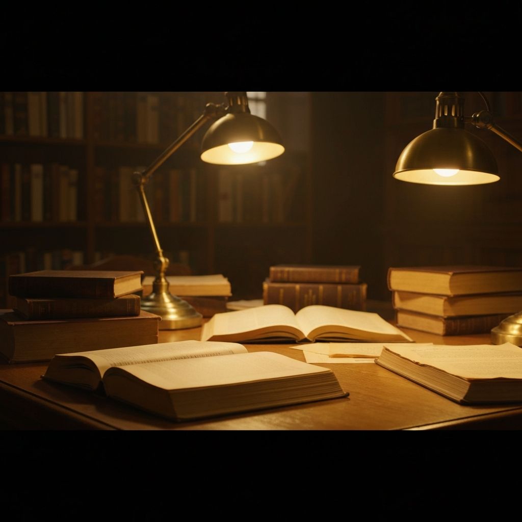 Warm library interior with open research books and focused lamplight