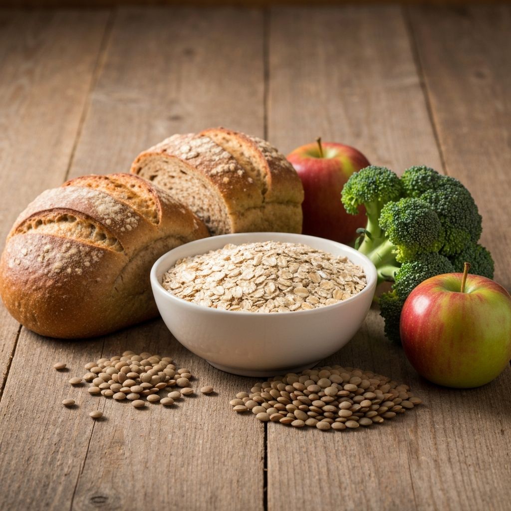 Still life of high-fibre foods including oats, lentils, and broccoli with natural light