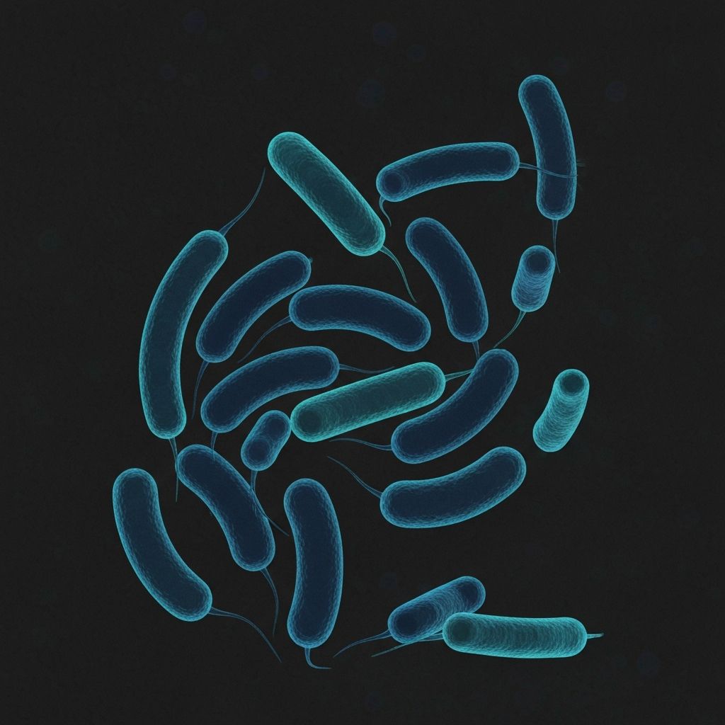 Abstract artistic rendering of gut microbiome with stylized microscopic bacteria shapes in blue tones